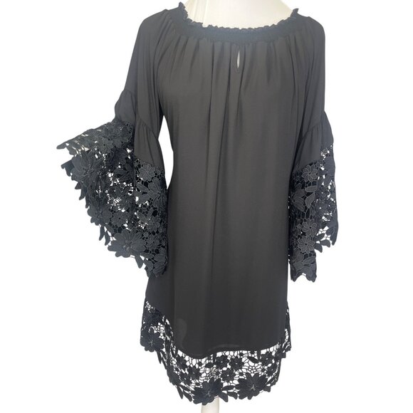 Joseph Ribkoff Dress Lace Bell Sleeves Elastic Neck Ladies Size Large Black - Picture 1 of 10